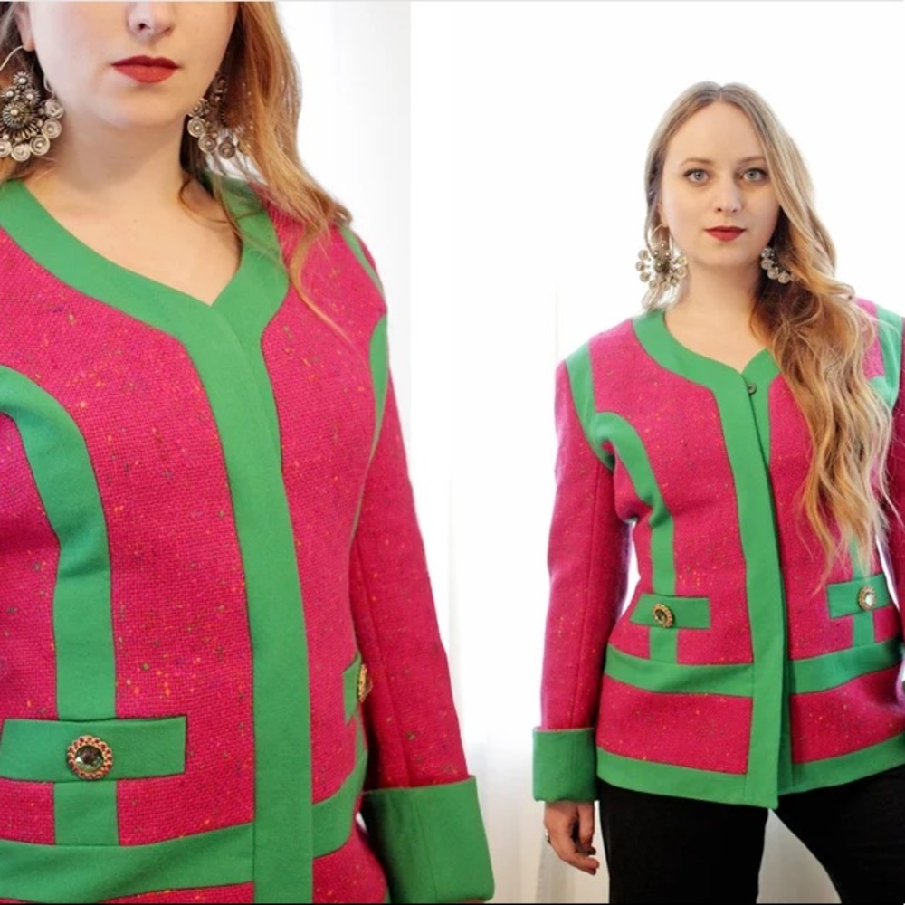 RARE Gemma Kahng NEW YORK pink green wool blazer Jacket with Gripoix Buttons
